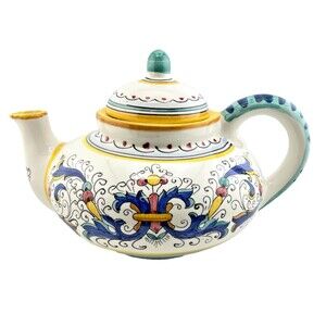 Vtg MAIOLICHE IL BARGELLO Ceramic Teapot Kettle FLorence Italy Handpainted Flora